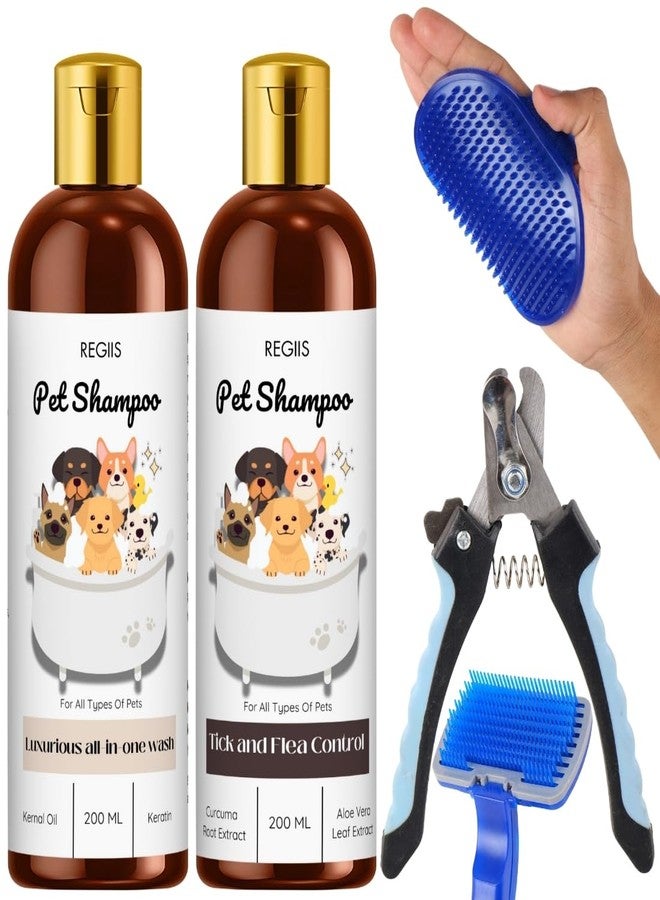 REGIIS Pet Shampoo Set with Grooming Tools, All-in-One Wash and Tick and Flea Control, 200 ML, Includes Silicone Brush and Nail Clipper for Dogs(5 Pack) - Image 1